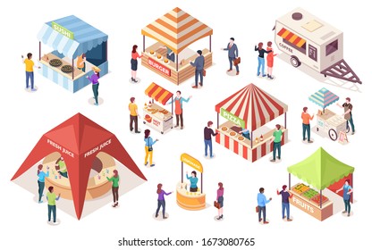 Street Or Fast, Junk Food Tents. Set Of Isometric Counters And Stall, Van Or Wagon, Awning And Canopy. Coffee, Burger, Ice-cream, Pizza, Fruit, Hot-dog, Sushi, Juice, Burger. People Buying Meal