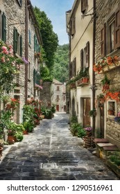 Street with flowers in the old Italian village. Digital illustration in oil painting style 
