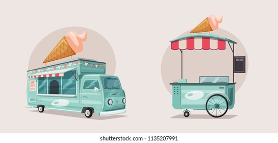 Street food or ice cream vendor truck. Cartoon illustration. Outdoor cart.