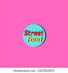 The street food logo design illustration features vibrant colors and icons, colorful typography on a pink background. Design for restaurant, cafe, logo, food cart logo, template, fast food logo. - Powered by Shutterstock