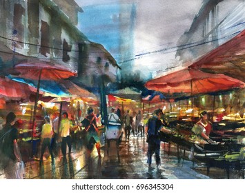 Street Food Market Bangkok Watercolor Painting On Paper