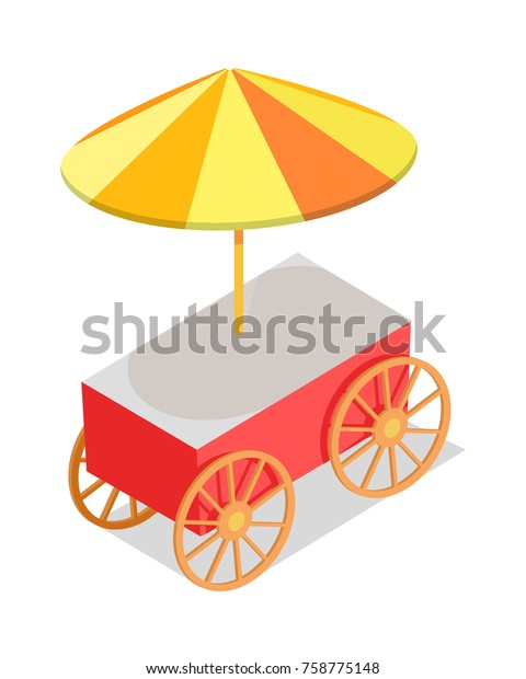 Street food red trolley with umbrella isolated on\
white background. Fast way to have a snack in big city. Urban\
street element  illustration. Hotdog or hamburger, sandwich right\
on street.