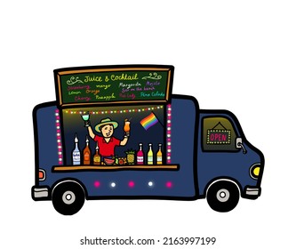 Street Food Truck Bar Selling Juice And Cocktail Drink Alcohol Beverage With A Gay Pride Business Owner.