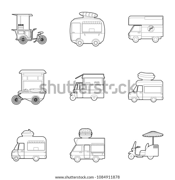 Street food truck icons\
set. Outline set of 9 street food truck icons for web isolated on\
white background