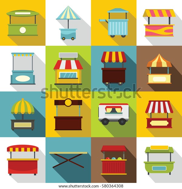 Street food truck icons set. Flat\
illustration of 16 street food truck  icons for\
web
