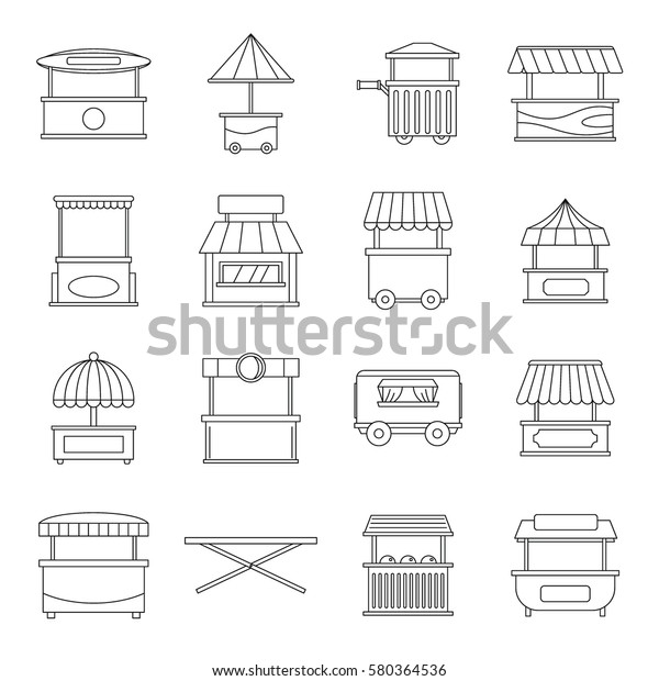 Street food truck icons set. Outline\
illustration of 16 street food truck  icons for\
web
