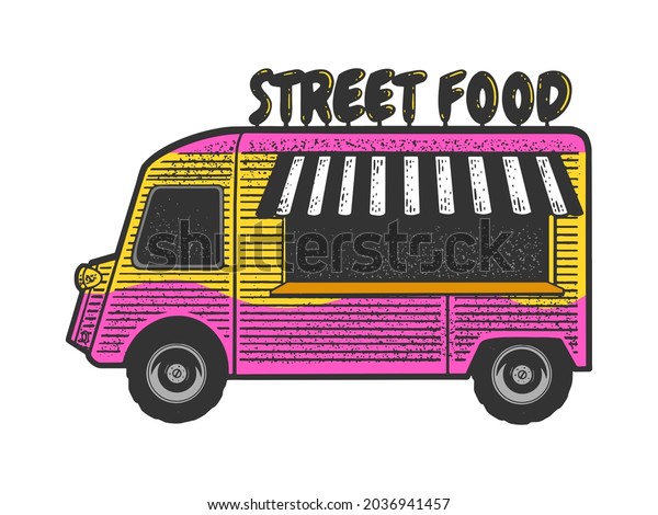 Street food truck line art color
sketch engraving raster illustration. T-shirt apparel print design.
Scratch board imitation. Black and white hand drawn
image.