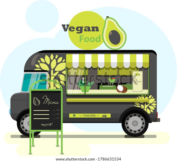 Street food truck with vegetarian food. flat\
illustration of a vegan diner on wheels with a striped awning, an\
eco tree pattern on a van, and an advertising stand. Stylish retro\
illustration of\
fast