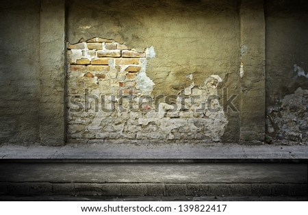 Similar – Background with plastered wall surface, bricks and wooden door