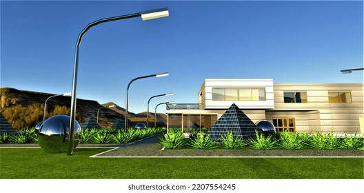 Street Lights Line The Pedestrian Path In A Futuristic Eco-friendly Estate With Solar Panel Pyramids And Whimsical Metal Installations. 3d Render.