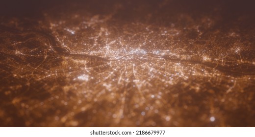 Street Lights Map Of Budapest (Hungary) With Tilt-shift Effect, View From East. Imitation Of Macro Shot With Blurred Background. 3d Render, High Resolution, Selective Focus