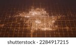 Street lights map of Fargo (North Dakota, USA) with tilt-shift effect, view from west. Imitation of macro shot with blurred background. 3d render, high resolution, selective focus