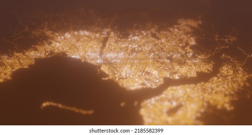 Street Lights Map Of Kinshasa (Congo) With Tilt-shift Effect, View From North. Imitation Of Macro Shot With Blurred Background. 3d Render, High Resolution, Selective Focus