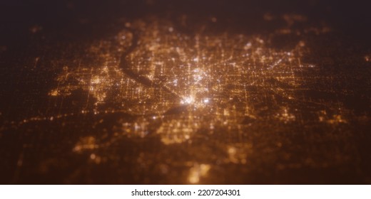 Street Lights Map Of Minneapolis (Minnesota, USA) With Tilt-shift Effect, View From East. Imitation Of Macro Shot With Blurred Background. 3d Render, High Resolution, Selective Focus