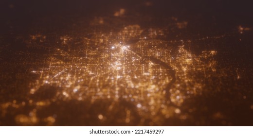 Street Lights Map Of Minneapolis (Minnesota, USA) With Tilt-shift Effect, View From West. Imitation Of Macro Shot With Blurred Background. 3d Render, High Resolution, Selective Focus