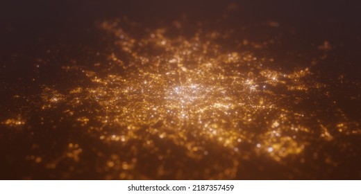 Street lights map of Paris (France) with tilt-shift effect, view from north. Imitation of macro shot with blurred background. 3d render, high resolution, selective focus
