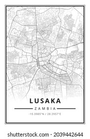 Street Map Art Of Lusaka City In Zambia - Africa