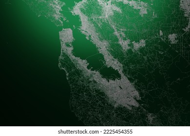 Street Map Of Bay Area (California, USA) Engraved On Green Metal Background. Flat View With Light Coming From Top. 3d Render, Illustration