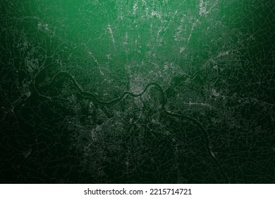 Street Map Of Cincinnati (Ohio, USA) Engraved On Green Metal Background. Flat View With Light Coming From Top. 3d Render, Illustration