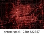 Street map of Davenport (Iowa, USA) made with red illumination and glow effect. Top view on roads network. Cyberspace concept. 3d render, illustration