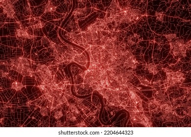 Street Map Of Dusseldorf (Germany) Made With Red Illumination And Glow Effect. Top View On Roads Network. Cyberspace Concept. 3d Render, Illustration