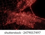 Street map of Hamilton (Canada) made with red illumination and glow effect. Top view on roads network. Cyberspace concept. 3d render, illustration