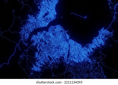 Street Map Of Kinshasa (Congo) Made With Blue Illumination And Glow Effect. Top View On Roads Network. 3d Render, Illustration