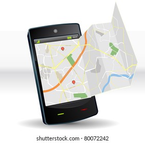 Street Map On Smart Phone Mobile Device/ Illustration Of A Smart Phone Mobile Device With Funny Real-like Street Map App Software.