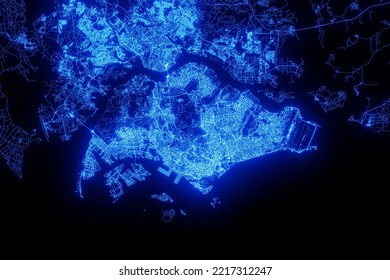 Street Map Of Singapore Made With Blue Illumination And Glow Effect. Top View On Roads Network. 3d Render, Illustration