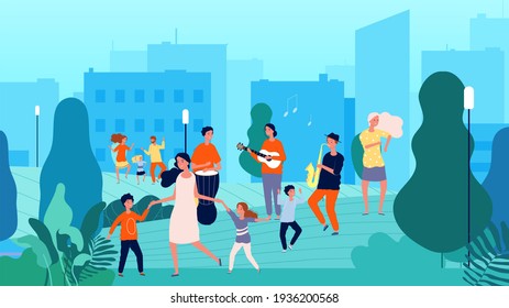 Street musicians. Musical fest, family dancing. Parents and children having fun with music illustration - Powered by Shutterstock