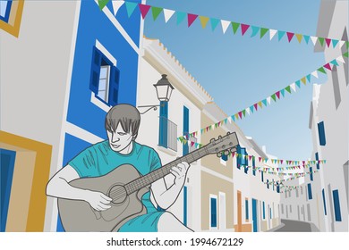 A street musicians playing the guitar