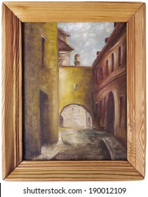 Street of the old city on a cloudy summer day landscape. Oil handmade painted art illustration in wooden frame isolated. Light source on right