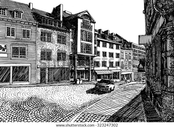 Street of an old European city. Black and\
white dashed style sketch, line art, drawing with pen and ink.\
Retro vintage\
picture.\
