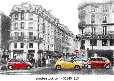 Street In Paris. Digital Illustration In Draw, Sketch Style