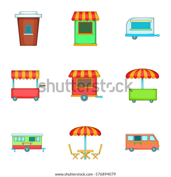 Street retail and market\
icons set. Cartoon illustration of 9 street retail and market \
icons for web