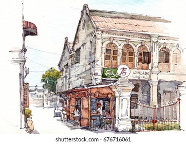 Street Scene Colonial Building Watercolor