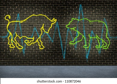 Street Trading Market Advice Financial Investing Symbol With A Graffiti Texture Of A Bull And A Bear Painted On An Urban Street Brick Wall As An Investment Concept For Selling Or Buying A Company.