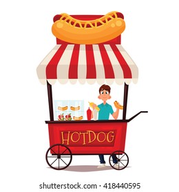 Street Vendor Course Dogs, Comic Cartoon Illustration On A White Background, Mobile Store Fast Fudom, Street Hot Dog Cart