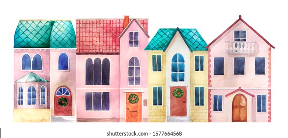 Street View With Colorful Watercolor Cottage Buildings