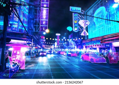 Street view at night with cutting-edge technology through the AR glasses that makes the graphics see in the virtual world , Smartcity and metaverse concept, 3D illustration picture