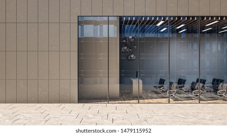 Street View On Modern Conference Room In Business Center With Black Chairs On Wooden Floor And Glass Wall. 3D Rendering