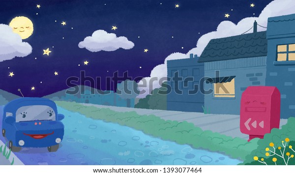the street view of the village on the night of the\
moon, a village evening with a car and a mailbox on the street,\
Illustration of the night sky and village scenery with moon and\
stars in it