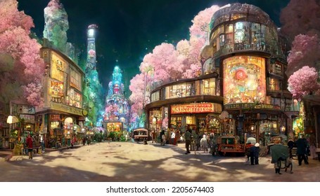 Street View Of A Wondrous Amazing Fantasy City Town Square.