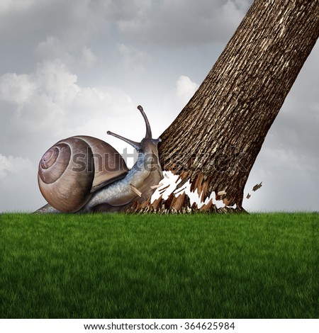 Strength concept as a snail pushing down a large tree trunk as a business success metaphor for the power of motivation and a symbol for confidence and courage to accomplish anything.
