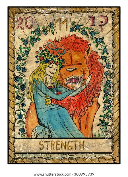 強さ フルカラフルなデッキ メジャー アルカナ 古いタロットカード ビンテージ手描きの彫刻イラスト 神秘的なシンボル 怖いライオンをなでる美しい若い女の子 美と獣 のイラスト素材