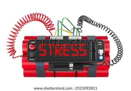 Stress concept. Time bomb explosive with stress word on timer, 3D rendering isolated on white background