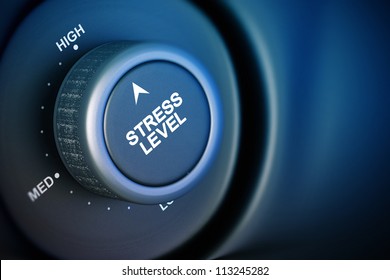 stress level button with low, medium and high word, black and blue background