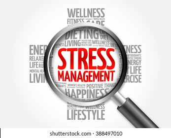 Stress Management word cloud with magnifying glass, health concept