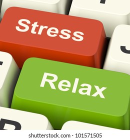 Stress Relax Computer Keys Shows Pressure Of Work Or Relaxation Online. Also Meaning Overworked Or Nervous From Using Technology So Need Time To Recharge.