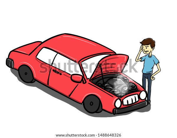 A stressed man has a big problem\
with his red broken car, cartoon doodle\
illustration.